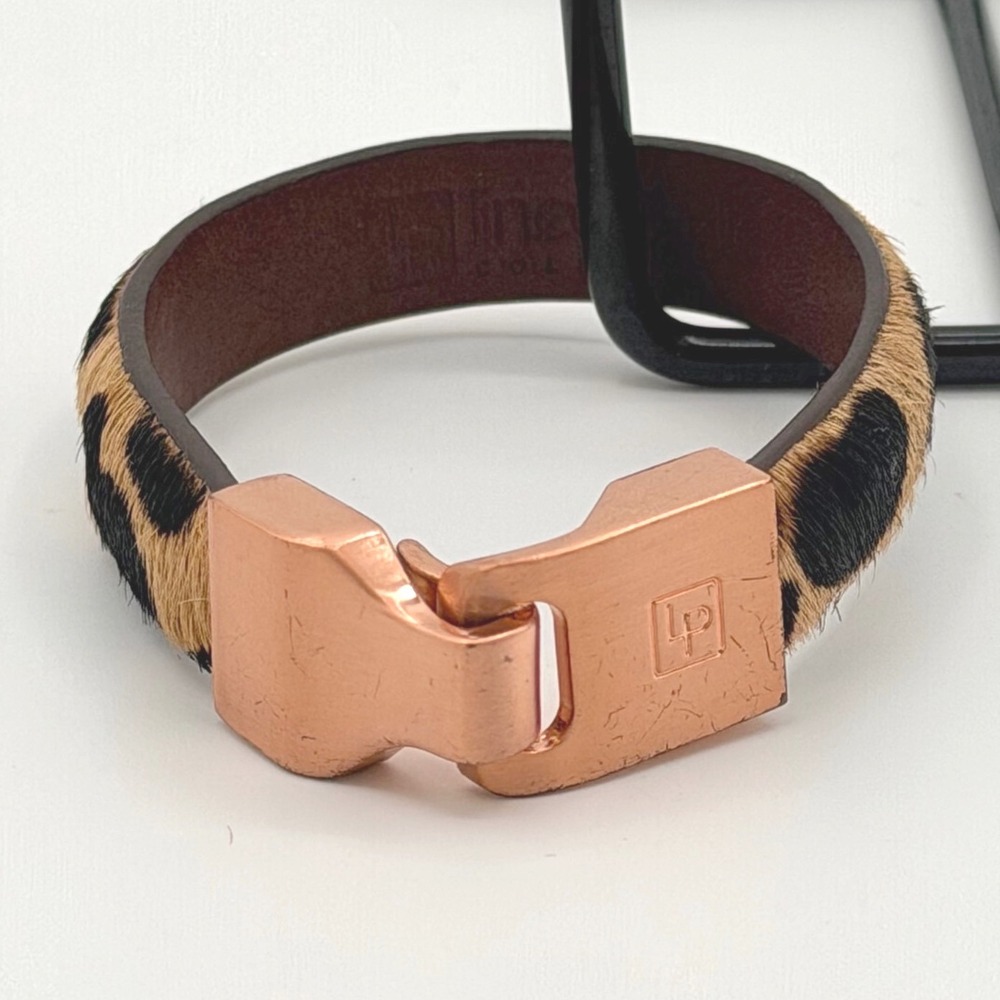 Linea Pelle Leopard Print Leather Bracelet Rose Gold Tone Buckle Women 7" long